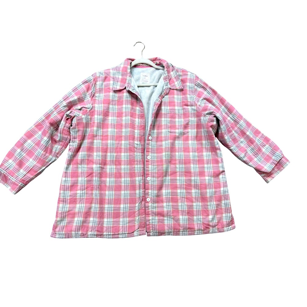 L.L. Bean Flannel Shirt Womens 2X Pink Excellent Fleece Lined Plaid Button Down